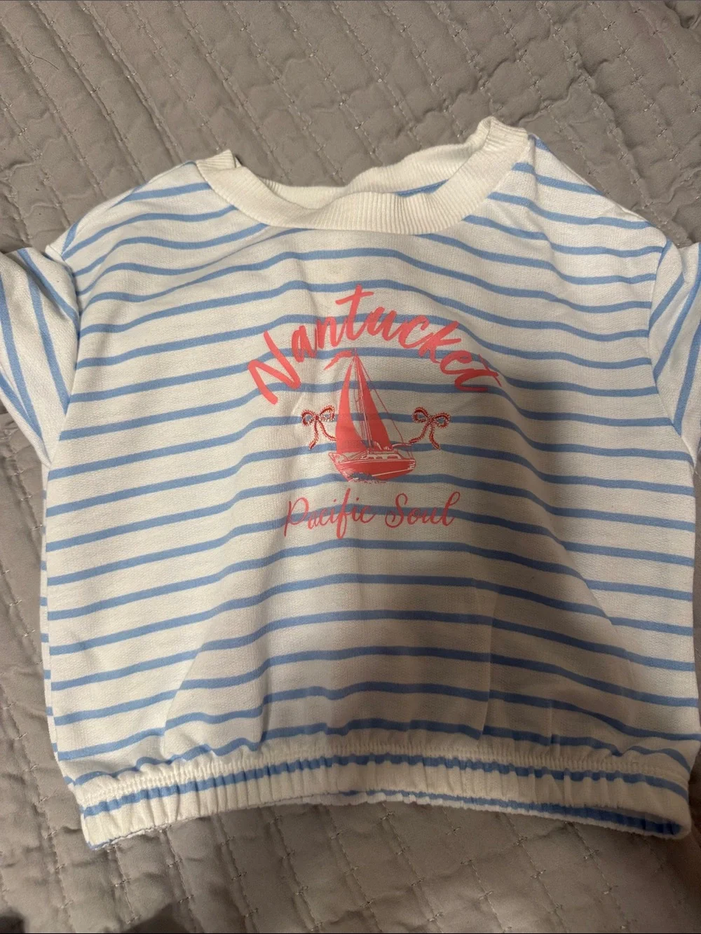 Derek Heart Blue and White Striped Two-Piece Set with Coral Graphic